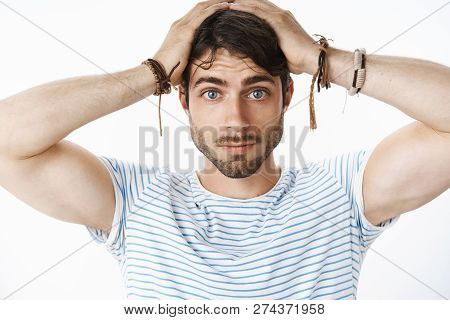 Mind Gonna Blow From Information. Portrait Of Tensed Young Attractive Guy With Blue Eyes And Beard F