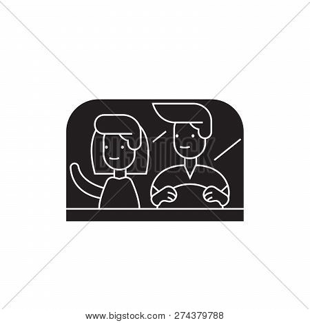 Couple Driving Away Black Vector Concept Icon. Couple Driving Away Flat Illustration, Sign