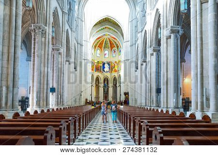 Madrid, Spain - August 25, 2015: Visitors In The Nave Of The De La Almodena Cathedral