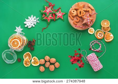 Christmas Ingredients Natural Decor Cookies Dried Oranges Walnuts Ribbon For Gifts And Presenrs. Set
