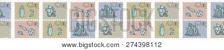 Minerology Quartz Crystal Postage Stamps. Hand Drawn Seamless Vector Border