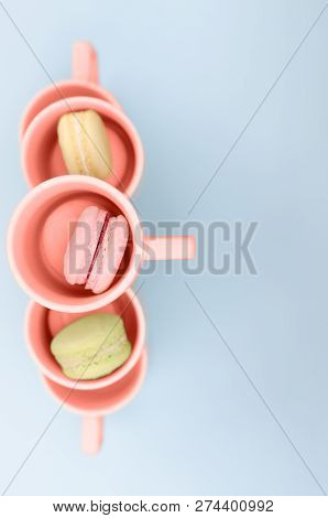 A Lot Of Macaroon In Coral-colored Cups. Coral Color Is The Color Of 2019.