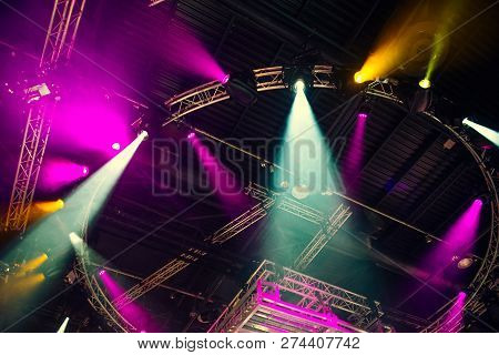 Stage Lights On Concert. Lighting Equipment With Multi-colored Beams. Bottom View. Selective Focus. 