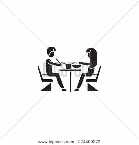 First Date In Restaurant Black Vector Concept Icon. First Date In Restaurant Flat Illustration, Sign