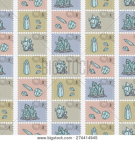 Minerology Quartz Crystal Postage Stamps. Hand Drawn Seamless Vector Pattern