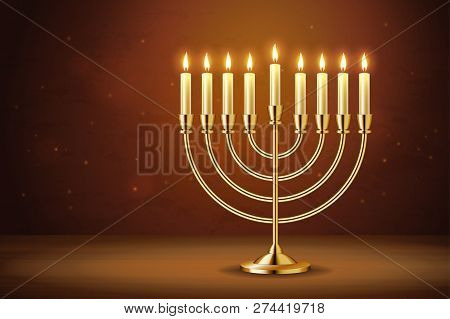 Golden Realistic Menorah, Candlestick With Burning Candles