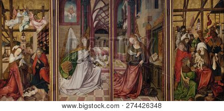 WURZBURG, GERMANY - JULY O4, 2018: The Annunciation and Nativity Scene, main altar in Marienkapelle in Wurzburg, Bavaria, Germany