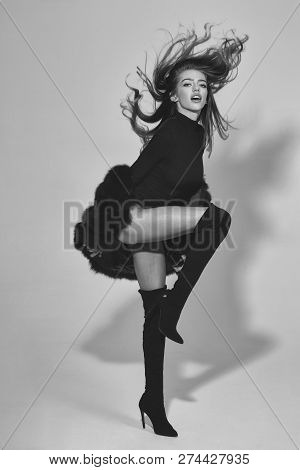 Young Pretty Woman Or Cute Sexy Girl With Long Beautiful Curly Blonde Hair And Adorable Face In Blac