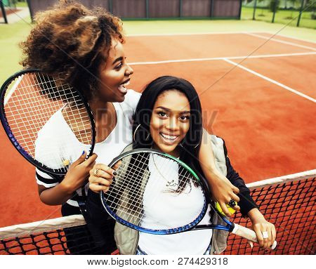 Young Pretty Girlfriends Hanging On Tennis Court, Fashion Stylis