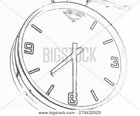 Drawing Of A Urban Clock In The Town Arosa. Time Is Half Past Seven