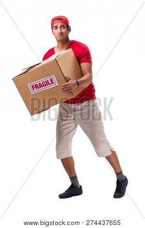 Handsome contractor holding fragile box isolated on white 
