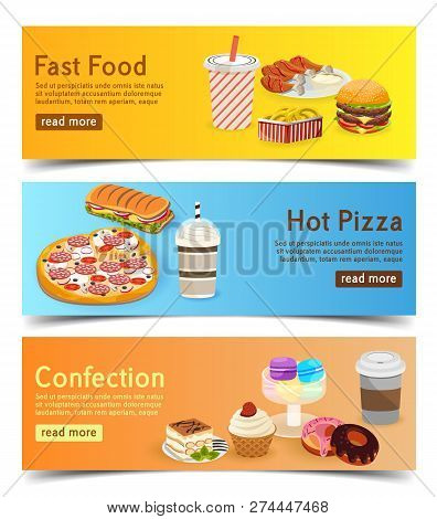 Fast Food Banners For Order Delivery Online. Set Of Burgers, Pizza And Desserts.