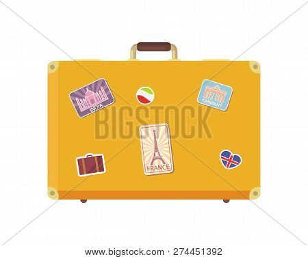 Luggage Time To Travel With Valise Decorated With Stickers Isolated Icons Set Vector. Vacation Suitc