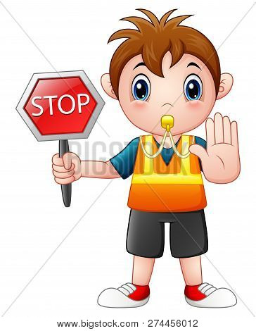 Vector Illustration Of Cartoon Boy Holding A Stop Sign