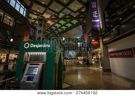 Montreal, Canada - November 6, 2018: Desjardins Bank Logo On Their Atm In Desjardins Complex Mall. T