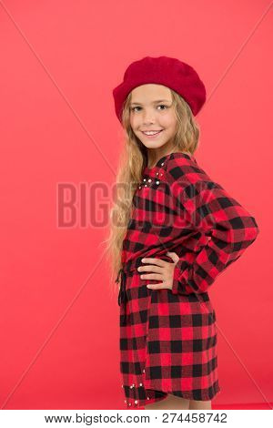 Fashionable Beret Accessory For Female. Wear Beret Like Fashion Girl. Kid Little Cute Girl With Long