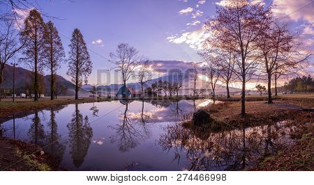 Beautiful Fuji San In Morning In Fumotoppara Camping Grounds With Reflection In Fujinomiya, Shizuoka