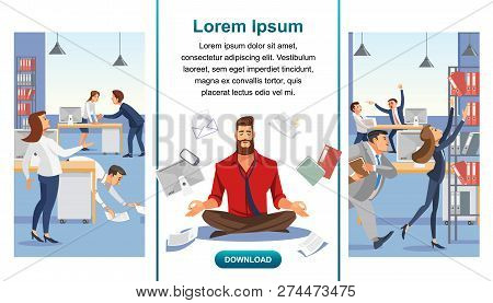 Emotional Balance, Stress Relief In Office Work Flat Vector Web Banner, Landing Page With Working Bu