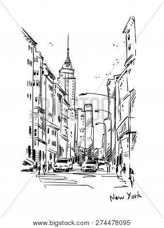 New York Street, Vector Sketch, Hand Drawn
