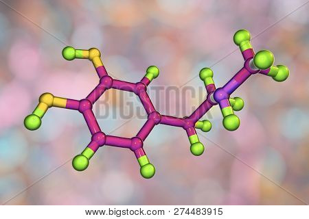 Epinephrine Molecule, 3d Illustration. A Hormone Produced By Adrenal Gland, It Has Effect On Blood P