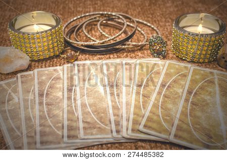 Future Reading By Tarot Cards On The Table Concept.