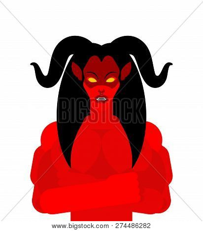Female Demon With Horns Face. Woman Devil. Succubus Red. Lady Satan. Vector Illustration 