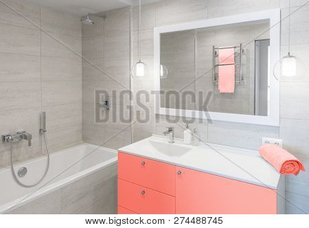 Bathroom Interior. Bathroom Mirror With A Stand Mirror Table