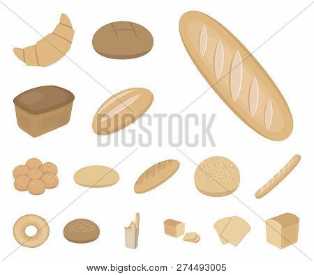 Types Of Bread Cartoon Icons In Set Collection For Design. Bakery Products Vector Symbol Stock Web I