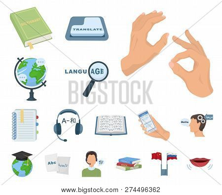 Translator And Linguist Cartoon Icons In Set Collection For Design. Interpreter Vector Symbol Stock 