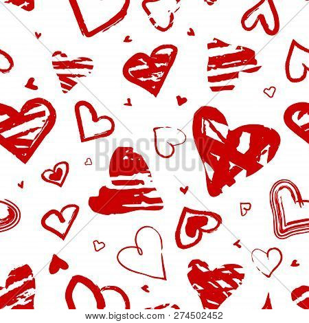 Abstract Seamless Pattern With Hearts. Ink Illustration. Grunge Style Elements. Red Hand Drawn Heart