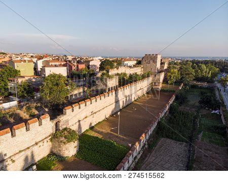 Aerial Drone View Of Ancient Constantinople's Walls In Istanbul / Byzantine Constantinople Entrance 