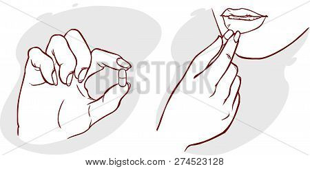 Vector Illustration Of A Woman Taking A Pill / Vitamin
