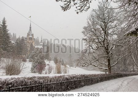 Peles Castle In Romania Predeal, Blizzard In Brasov Sinaia