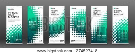 Industrial Roll Up Banners Design Templates Set. Vertical Banner For Event With Halftone Effect Vect