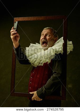 Official Portrait Of Historical Governor Man With Mobile Phone From The Golden Age With Corrugated R