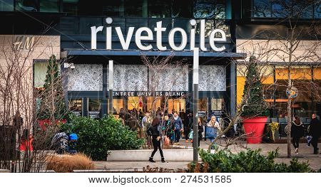 Strasbourg, France - December 28, 2017 - People Walking In Front Of Rivetoile Shopping Center Decora