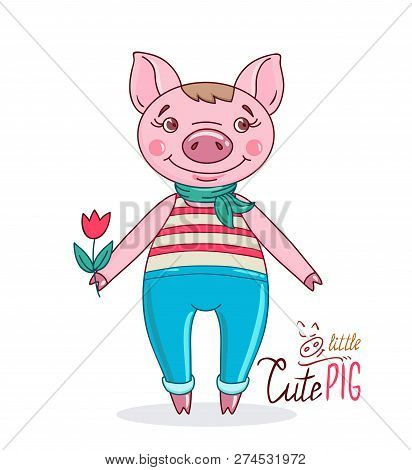 Pig In A Cartoon Style Holding A Tulip In His Hand. Hand Drawn Style Vector Design For Greeting Card