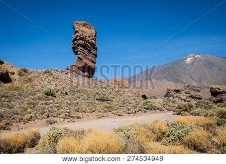 Roque Cinchado And Peak Of Teide Volcano. Tenerife, Canary Islands, Spain