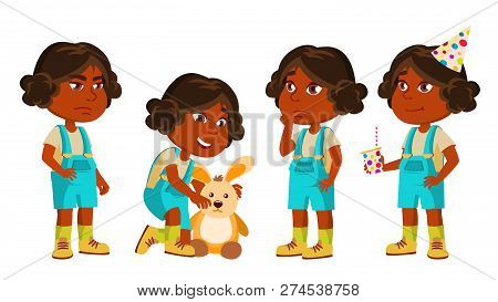Indian Girl Kindergarten Kid Poses Set Vector. Hindu. Playing With Hare Toy. Active, Joy Preschooler