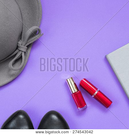 Pair Of Black Shoes Grey Notebook  And Grey Lady Falt Hat  With Bowknot On Edges  And Bright Red Lip