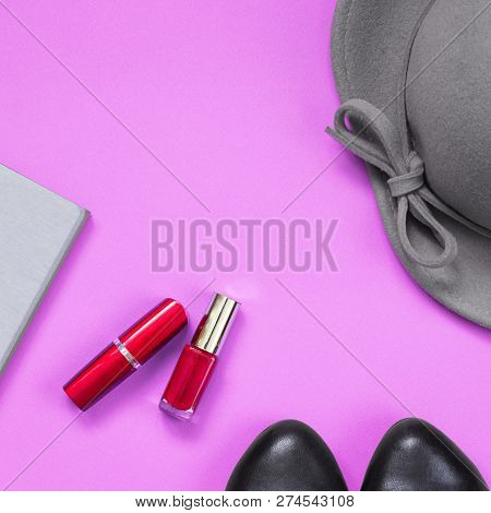 Pair Of Black Shoes Grey Notebook  And Grey Lady Falt Hat  With Bowknot On Edges  And Bright Red Lip