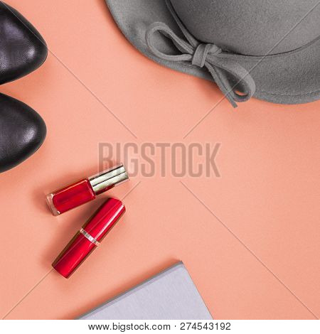 Pair Of Black Shoes Grey Notebook  And Grey Lady Falt Hat  With Bowknot On Edges  And Bright Red And