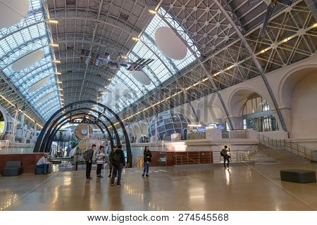 Moscow, Russia - November 28, 2018: Interior of the Space pavilion at VDNH