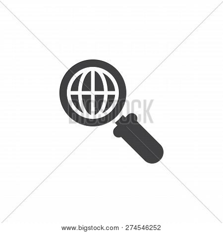 Search Engine Vector Icon. Filled Flat Sign For Mobile Concept And Web Design. Earth Grid With Magni