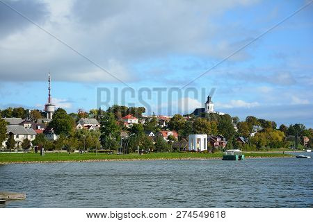 City Embankment Near The Lake With Equipped Infrastructure For Recreation.  Quay Of Lake Mastis  And