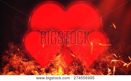 Valentines Day Card With Red Hearts On Isolated Fire Particles Embers Background With Copyspace