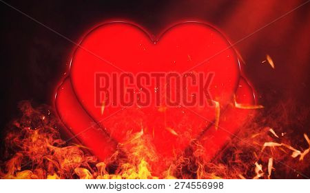 Valentines Day Card With Red Hearts On Isolated Fire Particles Embers Background With Copyspace