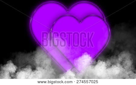 Happy Valentines Day Colorful Hearts Abstract Background. Smoke Misty Fog Texture On Isolated Black 
