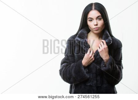 Girl Elegant Lady Wear Fashionable Coat Jacket. Luxurious Fur. Girl Posing Fur Coat. Woman Attractiv