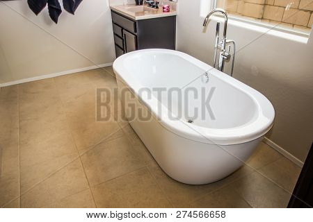Free Standing Porcelain Bath Tub With Goose Neck Faucet